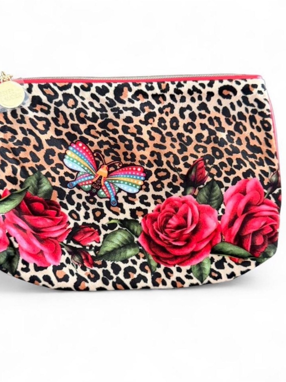Leopard Floral Print Cosmetic Pouch with Red Roses Estee Lauder